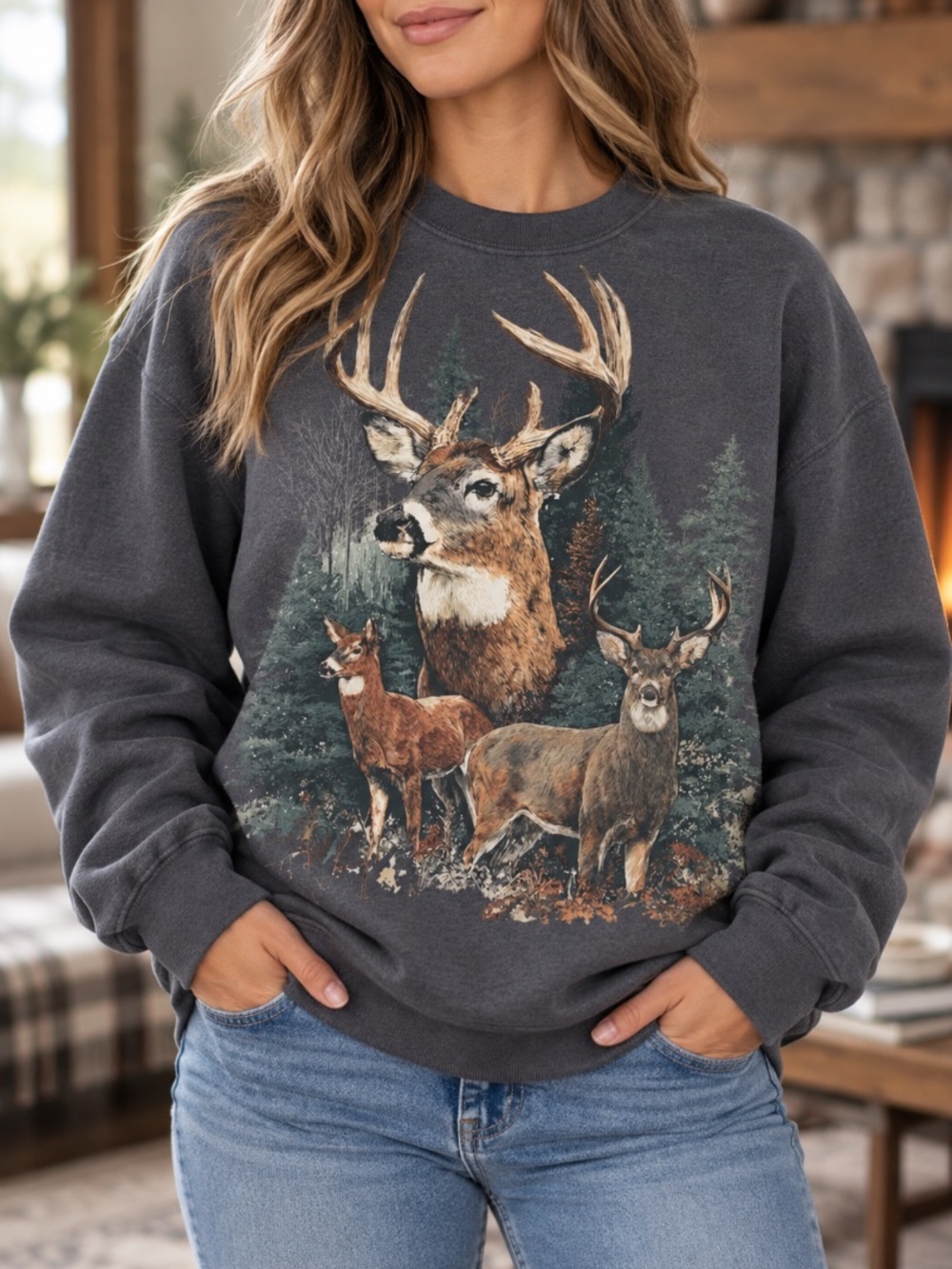 Forest Deer Wildlife Shirt Whitetail Buck Nature Graphic Sweatshirt Charcoal